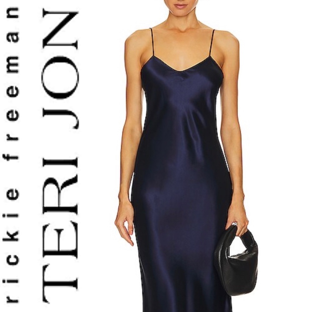 Rickie Freeman Teri Jon Silk Satin Slip Dress Navy Blue 6 Midi Spaghetti Strap - Picture 1 of 14